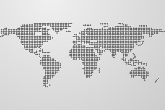 Dotted world map on gray gradient background. World map from black dots. Dots in shape of world map with continents. 