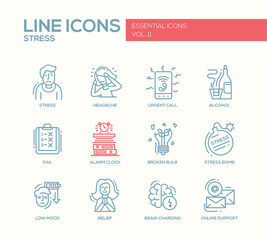 Stress at work - line design icons set