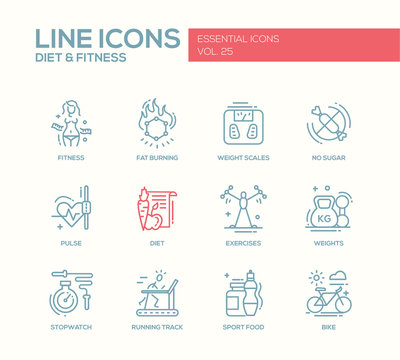 Diet and fitness - line design icons set