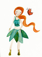 Elvish girl with butterfly watercolor