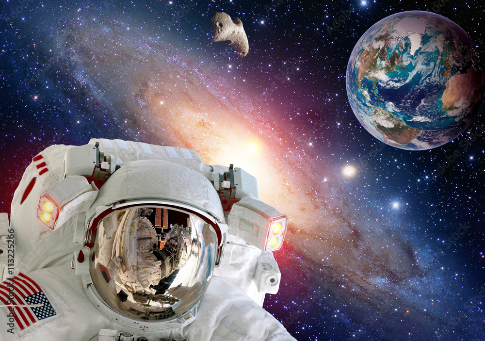 Wall mural astronaut planet earth spaceman helmet man space suit extraterrestrial galaxy universe. elements of 