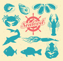 set of vector drawing animals on the theme of seafood