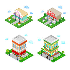 Isometric City. City Cafe with Tables and Trees. Vector illustration