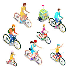 Isometric People. Isometric Bicycle. Family Cyclists. Vector illustration