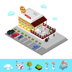 Isometric Pizzeria. Modern Restaurant with Parking Zone. People in Pizzeria. Vector illustration