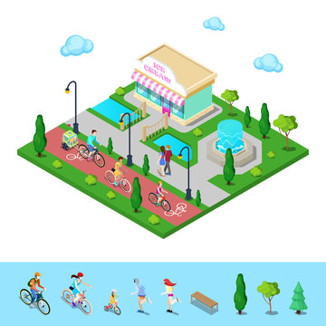 City Park with Bicycle Path. Family Riding on the Bicycles. Active People. Vector illustration