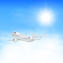 Airplane in the sky with sun