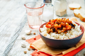 Eggplant and tomato chickpea curry with rice