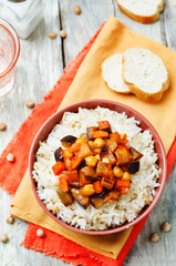 Eggplant and tomato chickpea curry with rice