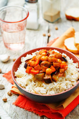 Eggplant and tomato chickpea curry with rice