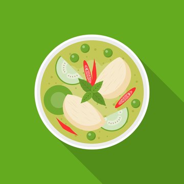 Thai food, Chicken with Green curry, flat design