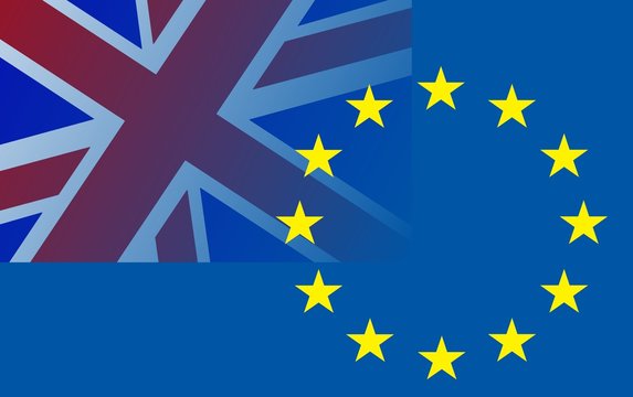Brexit - 
Die Flagge Großbritanniens (oben links) ragt in den Sternenring der Europaflagge. 
