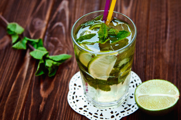 Tradition Summer drink mojito with lime and mint.