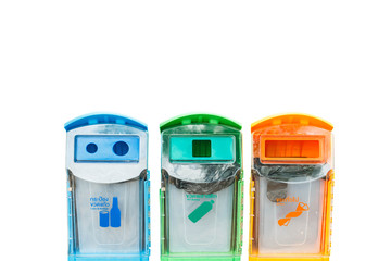 Recycling bins on a blurred background ecology concept.