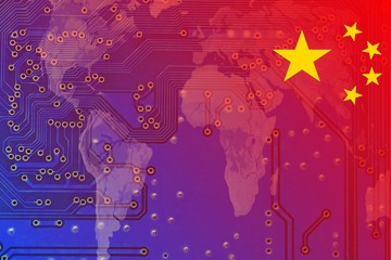 China in einer digitalisierten Weltwirtschaft - 
Die Flagge Chinas erstreckt sich von rechts oben zunehmend durchsichtig werden über eine Weltkarte.                                   