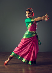 Beautiful indian  girl dancer of Indian classical dance Bharatanatyam or Kuchipudi - 113230263