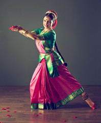 Beautiful indian  girl dancer of Indian classical dance Bharatanatyam or Kuchipudi - 113230286
