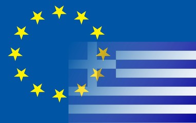 Beziehung EU - Griechenland - 
Die griechische Flagge (rechts unten) ragt in den Sternenkreis der Europäischen Flagge. 