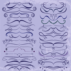 Vintage Set of calligraphic elements for design. Decorative Swirls, Scrolls, Dividers. Vintage Vector Illustration in blue tones.
