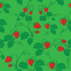 seamless pattern of ripe strawberries on a green background, vector illustration, cartoon