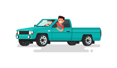 Smiling man at the wheel of a pickup truck. Vector illustration - obrazy, fototapety, plakaty