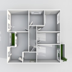3d interior rendering plan view of square empty home apartment with balconies: room, bathroom, bedroom, kitchen, living-room, hall, entrance, door, window, 