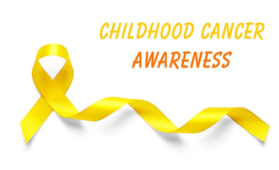 Yellow ribbon and text Childhood Cancer Awareness on light background