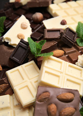 Chocolate pieces with mint leaves, background