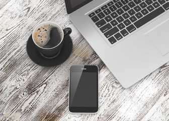 Laptop smartphone and coffee cup on wood. 3d rendering.