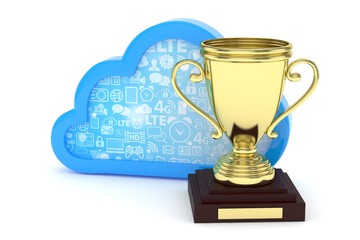 Isoalted golden cup with cloud on white background. Blue contour cloud. Concept of cloud storage competition. Leader cloud drive. Best storage contest. 3D rendering.