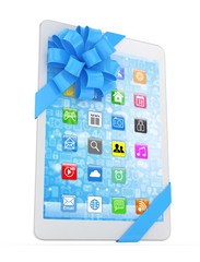 White tablet with blue bow and icons. 3D rendering.