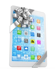 White tablet with silver bow and icons. 3D rendering.