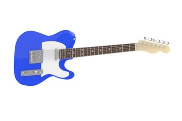 Obraz na płótnie Canvas Isolated blue electric guitar on white background. Concert and studio equipment. Musical instrument. Rock, blues style. 3D rendering.