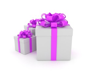 three gift boxes with bows isolated on white. 3d rendering.