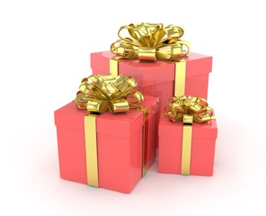 three gift boxes with bows isolated on white. 3d rendering.