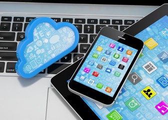 laptop, tablet pc, smart phone and cloud. 3d rendering.