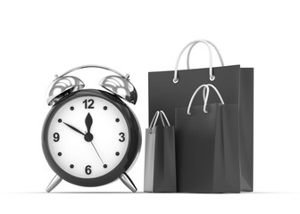 alarm clock and shopping bag (time to buy concept). 3d rendering.