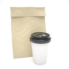 Coffee to go and lunch bag, on white. 3d rendering.