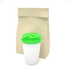 Coffee to go and lunch bag, on white. 3d rendering.
