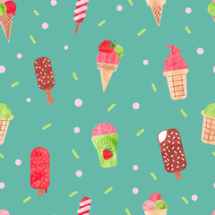 Watercolor ice cream seamless pattern. Vector background with colorful icecream - icelolly, cones, strawberry sundae.  