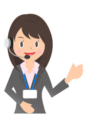 ネームホルダーをつけた女性会社員　コールセンター　身振り