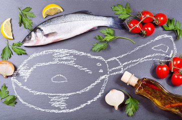 fresh fish with herbs, vegetables and painted pan
