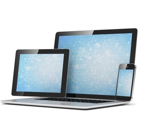 laptop, tablet, phone, on white. 3d rendering.