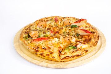 Pizza on a wooden tray.