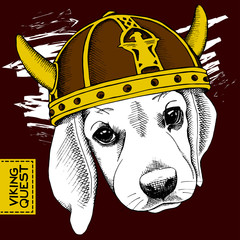 The image portrait of a dog in the viking helmet. Vector illustration.