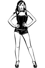 vector sketch of leggy brunette in short shorts
