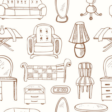 Seamless pattern with doodle sketch furniture