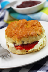 English scone with raisins with traditional clotted cream and strawberry jam, closeup

