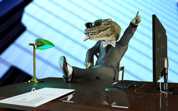 3D Illustration of evil boss in the image of a crocodile sitting in the office with folded leg on the table 3D render