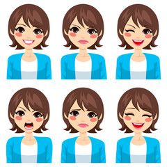 Attractive young brunette woman on six different face expressions set